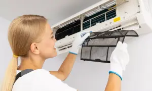 Kobieta w białych rękawiczkach wyjmuje filtr z klimatyzacji domowej. Dba o czyste powietrze.