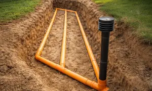 Instalacja gruntowego wymiennika ciepła: pomarańczowe rury ułożone w wykopie, podłączone do pionowej czarnej rury wentylacyjnej.