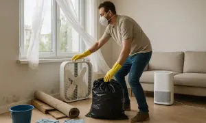 Mężczyzna w masce i rękawiczkach usuwa czarny worek z domu, gdzie pojawił się grzyb. Obok stoi wentylator i niebieskie wiadro.