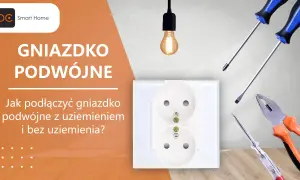 Schemat podłączenia gniazdka podwójnego z uziemieniem i bez. Narzędzia do elektryki i białe gniazdko.