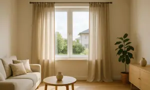 Jasne zasłony wiszą na karniszu nad białym oknem, obok kanapy i stolika.