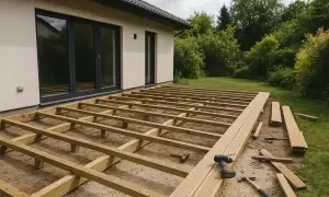 Budowa tarasu na dachu domu. Drewniana konstrukcja czeka na deski, obok leżą narzędzia i materiały.
