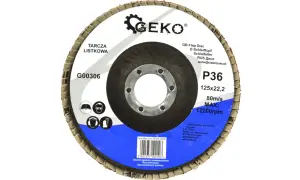 Tarcza listkowa GEKO P36, 125mm, idealna do szlifowania. Zapewnia bezpieczną pracę dzięki symbolom ochrony.