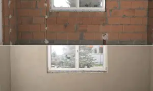 Przed i po: ściana z pustaków ceramicznych z instalacją, a następnie gładka, gotowa do malowania dzięki nałożeniu tynku na ścianę.