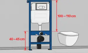Schemat instalacji podtynkowej: stelaż do WC (100-110 cm wysokości) i miska wisząca (40-45 cm od podłogi). Biały montaż.