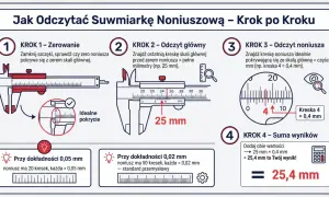 Ilustracja pokazuje, jak mierzyć suwmiarką noniuszową. Krok po kroku wyjaśnia zerowanie, odczyt skali głównej i noniusza, a następnie sumowanie wyników.