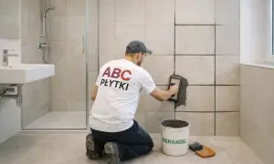 Fachowiec nakłada fugę na płytki w łazience. Widać wiadro z zaprawą i gąbkę.
