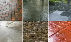 Różne nawierzchnie: kolorowa kostka, ciemne płyty, szare płytki, beton, kamień i czerwona cegła – wszystkie wyglądają jak po deszczu, tworząc efekt mokrej kostki.