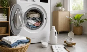 Woda, którą zużywa pralka, jest mierzona. Notatnik pokazuje programy: Eco, 30°C, 40°C, 60°C.