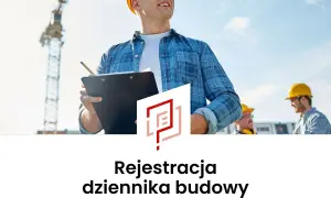 Budowlaniec z notatkami pod żurawiem. Dowiedz się, gdzie kupić dziennik budowy i jak go wypełnić.
