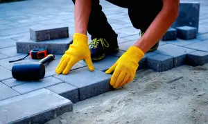 Ręce w żółtych rękawiczkach układają kostkę brukową. Zastanawiasz się, ile kosztuje ułożenie kostki brukowej? Narzędzia takie jak młotek i miarka leżą obok.