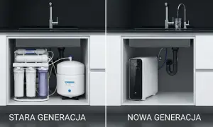 Porównanie systemów filtracji wody: stara generacja z wieloma elementami i nowa, kompaktowa jednostka do oczyszczania wody metodą osmozy.