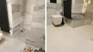 Łazienka po remoncie: nowa podłoga i zamontowana miska WC. Wcześniej widoczne narzędzia do klejenia płytek na płytki.