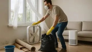 Mężczyzna w masce i rękawiczkach usuwa czarny worek z domu, gdzie pojawił się grzyb. Obok stoi wentylator i niebieskie wiadro.
