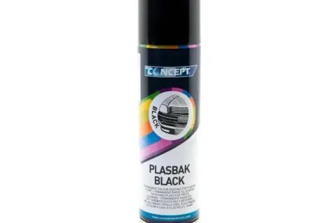 Czarna farba w sprayu Concept Plasbak Black – trwała powłoka do plastiku na zewnątrz.