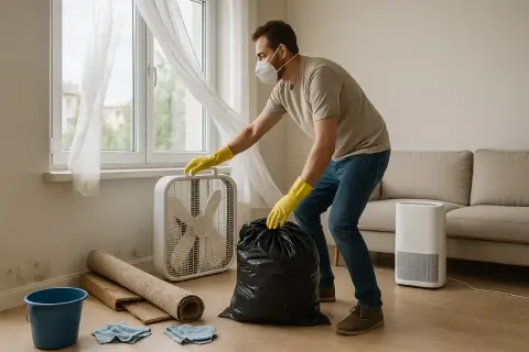 Mężczyzna w masce i rękawiczkach usuwa czarny worek z domu, gdzie pojawił się grzyb. Obok stoi wentylator i niebieskie wiadro.