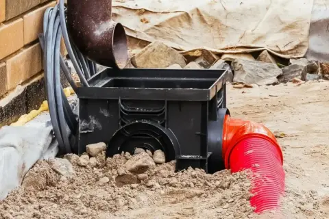 Czarny osadnik kanalizacyjny z rurą odpływową, częściowo zasypany ziemią i kamieniami, obok ceglanej ściany.