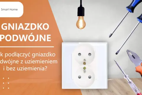Schemat podłączenia gniazdka podwójnego z uziemieniem i bez. Narzędzia do elektryki i białe gniazdko.