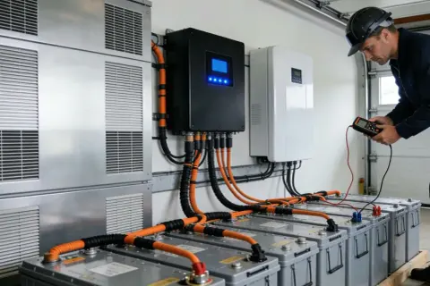 Instalacja magazynu energii 10kW. Technik sprawdza połączenia baterii z falownikiem. Sprawdź magazyn energii 10kw cena.