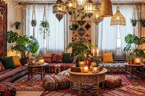 Przytulny salon w stylu etno, pełen roślin, dywanów i orientalnych lamp.