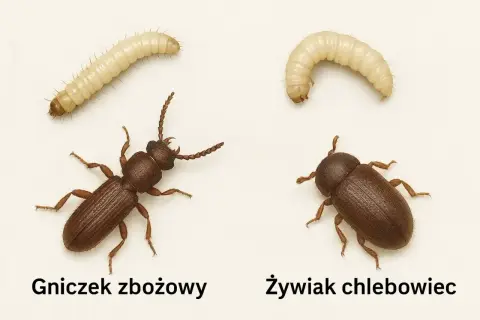 Dwa małe robaczki: gniczek zbożowy i żywiak chlebowiec, obok swoich larw.