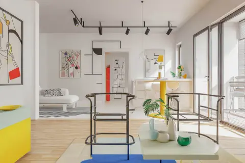 Nowoczesne wnętrze w stylu bauhaus z geometrycznymi obrazami, żółtym blatem i minimalistycznymi meblami.