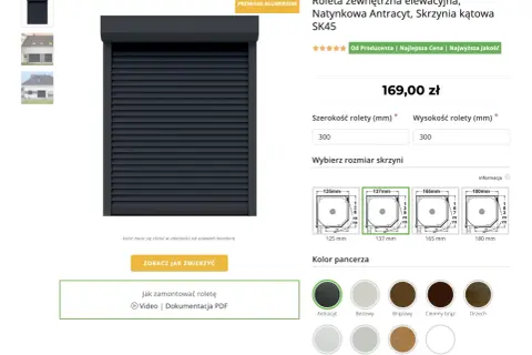 Roleta zewnętrzna antracytowa, cena za m2. Wybierz wymiary i kolor pancerza. Dostępne różne rozmiary skrzyń.
