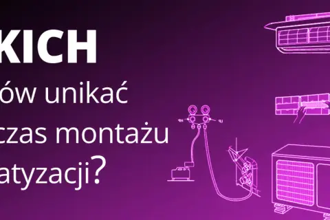 Jakich błędów unikać podczas montażu klimatyzacji? Schemat instalacji z jednostką wewnętrzną, zewnętrzną i narzędziami.
