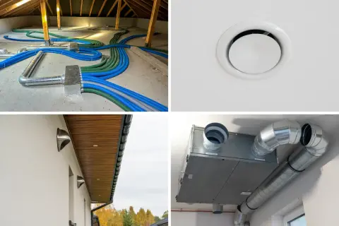 Instalacja rekuperacji: przewody wentylacyjne w poddaszu, kratka nawiewna, czerpnia i wyrzutnia powietrza, centrala wentylacyjna.