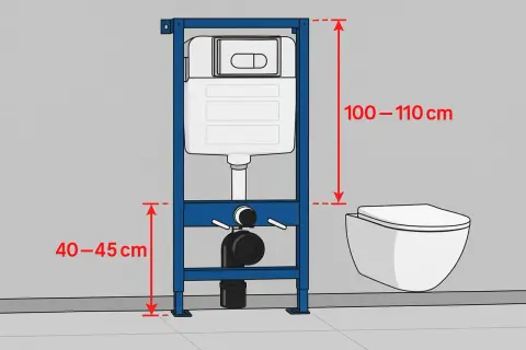 Schemat instalacji podtynkowej: stelaż do WC (100-110 cm wysokości) i miska wisząca (40-45 cm od podłogi). Biały montaż.
