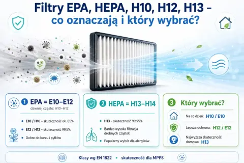 Porównanie filtrów EPA i HEPA. HEPA H13 zatrzymuje 99,95% zanieczyszczeń, idealny dla alergików.