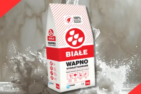 Białe wapno hydratyzowane w worku, otoczone chmurą białego pyłu. Idealne do prac budowlanych.