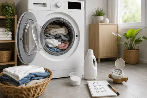 Woda, którą zużywa pralka, jest mierzona. Notatnik pokazuje programy: Eco, 30°C, 40°C, 60°C.