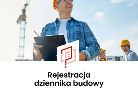 Budowlaniec z notatkami pod żurawiem. Dowiedz się, gdzie kupić dziennik budowy i jak go wypełnić.