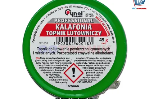 Zielone opakowanie z napisem "KALAFONIA TOPNIK LUTOWNICZY". Zawiera 45g produktu, który pomaga w lutowaniu.