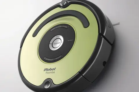 Odkurzacz Roomba iRobot, idealny do rankingu odkurzaczy automatycznych. Zielono-czarny, z przyciskami Clean, Dock, Schedule.
