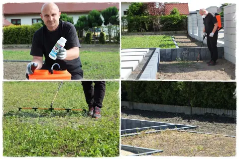 Mężczyzna przygotowuje opryskiwacz z preparatem do trawnika. Następnie opryskuje nim ziemię, przygotowując ją do siewu.