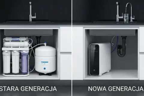 Porównanie systemów filtracji wody: stara generacja z wieloma elementami i nowa, kompaktowa jednostka do oczyszczania wody metodą osmozy.