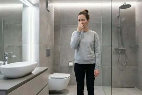 Kobieta w łazience zasłania nos, bo czuje nieprzyjemny smród z odpływu prysznica.