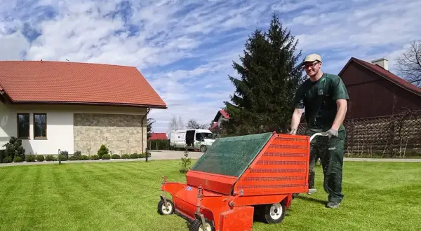 Ogrodnik wykonuje wertykulację trawnika za pomocą pomarańczowego urządzenia.