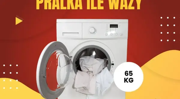 Biała pralka z otwartymi drzwiczkami i załadunkiem prania. Obok widnieje napis "65 KG", odpowiadający na pytanie, ile waży pralka.