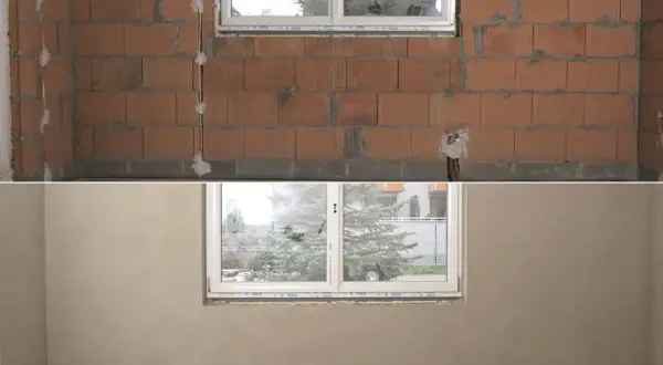 Przed i po: ściana z pustaków ceramicznych z instalacją, a następnie gładka, gotowa do malowania dzięki nałożeniu tynku na ścianę.