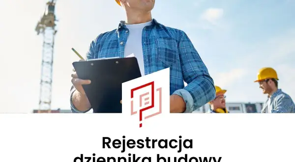 Budowlaniec z notatkami pod żurawiem. Dowiedz się, gdzie kupić dziennik budowy i jak go wypełnić.