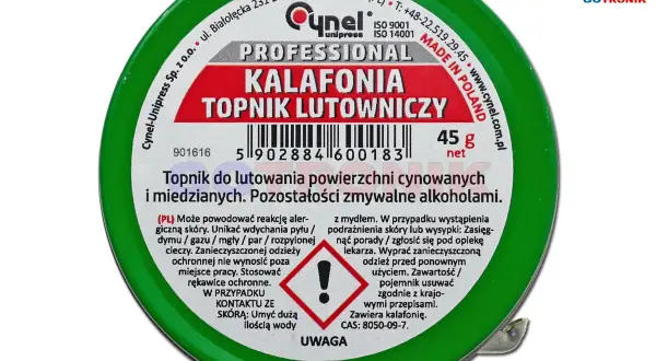 Zielone opakowanie z napisem "KALAFONIA TOPNIK LUTOWNICZY". Zawiera 45g produktu, który pomaga w lutowaniu.
