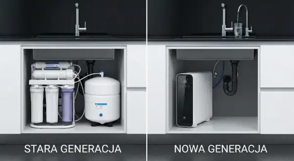 Porównanie systemów filtracji wody: stara generacja z wieloma elementami i nowa, kompaktowa jednostka do oczyszczania wody metodą osmozy.