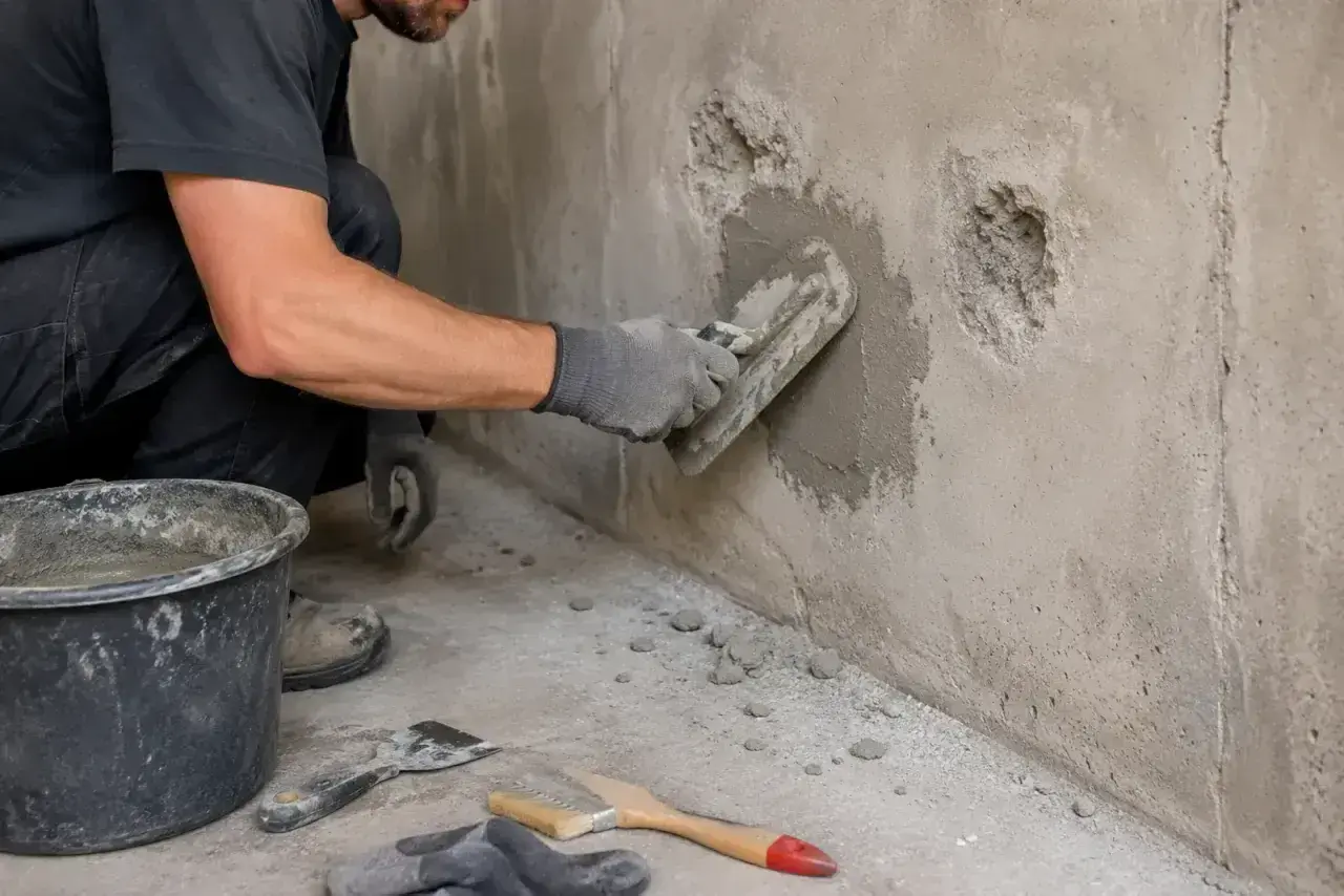 Ręce w rękawiczkach nakładają masę naprawczą na uszkodzoną ścianę za pomocą kielni. Obok wiadro z zaprawą i narzędzia.