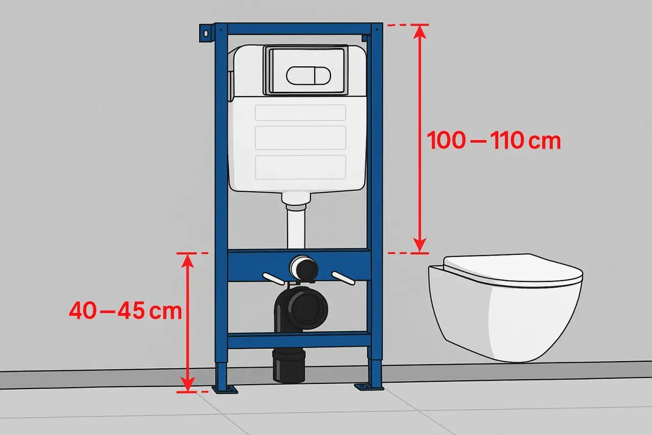 Schemat instalacji podtynkowej: stelaż do WC (100-110 cm wysokości) i miska wisząca (40-45 cm od podłogi). Biały montaż.