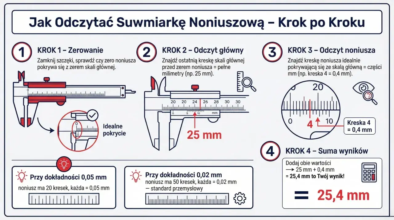 Ilustracja pokazuje, jak mierzyć suwmiarką noniuszową. Krok po kroku wyjaśnia zerowanie, odczyt skali głównej i noniusza, a następnie sumowanie wyników.
