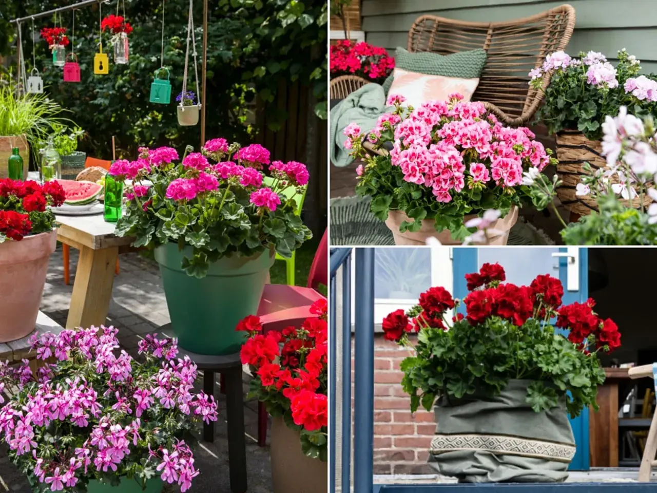Pelargonia Calliope w donicach na tarasie. Różowe i czerwone kwiaty tworzą barwną kompozycję, idealną na letnie dni.