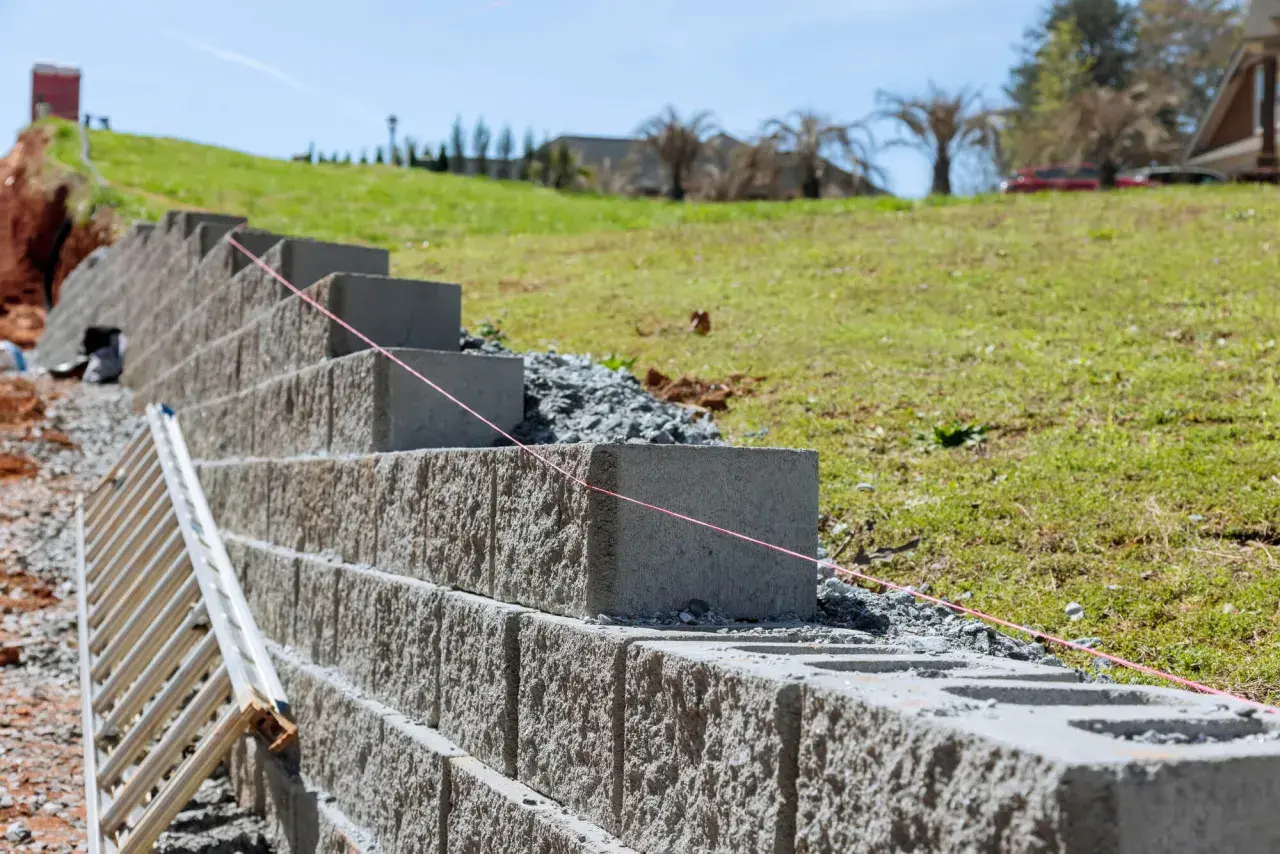 Budowa muru oporowego z bloczków betonowych, z widoczną drabiną i sznurkiem do poziomowania.
